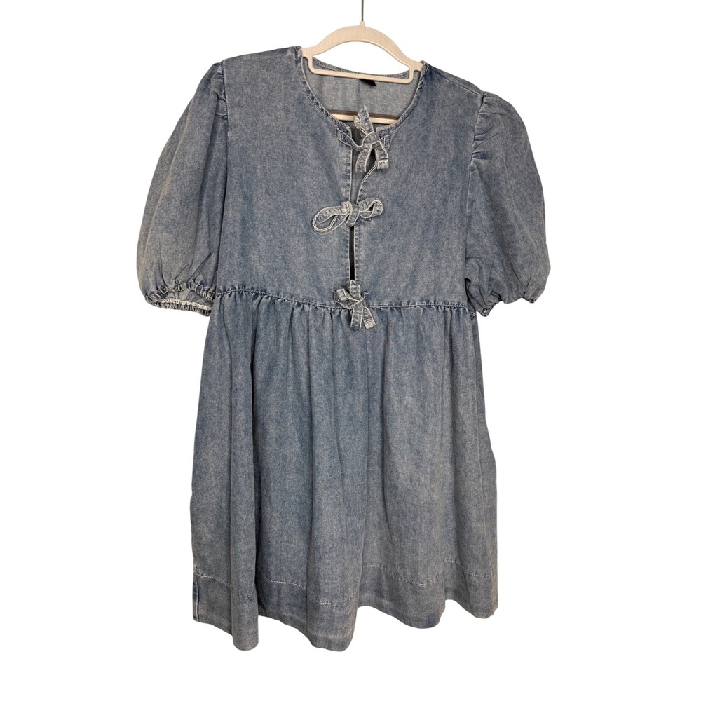 Denim bow knot puff sleeve mini‎ dress